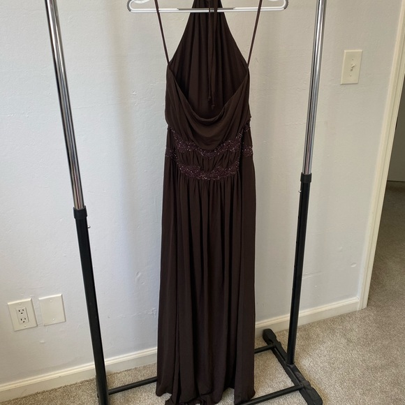 BCBG MAXAZRIA BROWN HALTER BEADED MAXI DRESS GOWN - Picture 3 of 5
